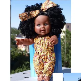 人形12インチアフリカンアメリカンドールブラックベイビーガールヘッドバンドオレンジロンパーズの姿