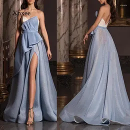 Casual Dresses Vintage Formal Dress Simple Evening Blue Strapless Gown Backless Prom Vestidos Elegant Clothing Outfits