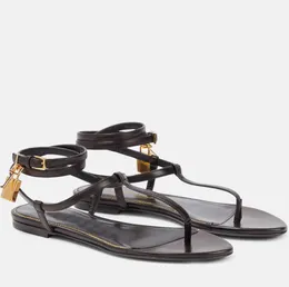 Ny sommar lyxig hänglås kvinnors sandal skor thong party bröllop crisscross ankel rem lady comfort platt svart sandalior sko med låda, EU 35-43 originallåda