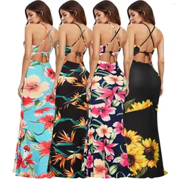 Sukienki swobodne kobiety Summer Maxi Sundress Pasek Boho Beach wakacyjny rasek bez pleców seksowna satynowa druk vintage długa sukienka na imprezy vestidos