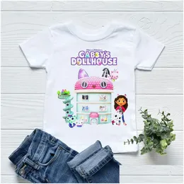 자동차 DVR 티셔츠 Tshirts Ly Girls 귀여운 Gabbys Doll House 만화 인쇄 옷 아이 Tshirt 패션 캐주얼 아기 T 셔츠 화이트 핑크 Shi Dhvef