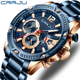 ساعة معصم Crrju Men's Watch Top Fashion Blue Quartz Men يشاهد Chronograph Sport Wristwatch رجل الفولاذ المقاوم للصدأ