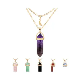 Anhänger Halsketten Naturstein Reiki Heilung Halskette Mond Sechseckiger Opal Amethysten Quarz Tigerauge Chakra Pendum Drop Lieferung J Dhfvt