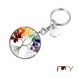 Key Rings Natural Broken Stone 5Cm Wrap Tree Of Life Keychains Healing Rose Crystal Car Decor Keyholder For Women Carshop2006 Drop D Dh3E5
