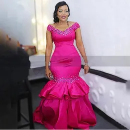 Hot Pink Tiered Mermaid Evening Dresses With Beads Sequins Off Shoulder Women Long Formal Evening Dress Graduation Gown