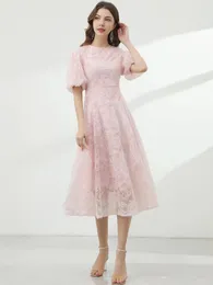Partykleider MoaaYina Fashion Runway Kleid Sommer Damen O-Ausschnitt Puffärmel Hohe Taille Garn Rosa Elegante KleiderParty