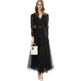Women's Runway Dresses Sexy V Neck Long Sleeves Embroidery Elastic Waist Layered Fashion Casual Prom