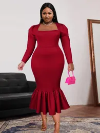 Plus Size Dresses Mermaid Women Midi Square Neck Gigot Sleeve Slim Winter Robes Ruffle Elegant Party Wedding Evening Vestidos