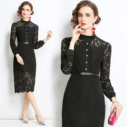 Casual Dresses Fall Hollow Out Lace Sparked Single-Breasted Belt Women Ladies Party Fashion Demure Elegant Temperament Tunic Package Hip Dre