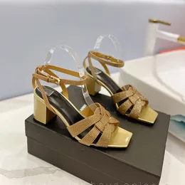 Nowe sandały ozdobne kryształami mody Pasek kostki masywne buty damskie błyszczące tkane wysokie pięta kwadratowe sandały fabryczne obuwie 34-42