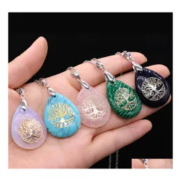 Подвесные ожерелья Waterdrop Tree of Life символ REIKI HEALING Natural Stone Collece Chakra Amethyst Pink Rose Crystal Link Chain Ca dhjgy