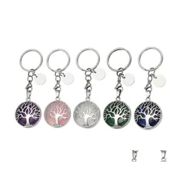 Nyckelringar Tree of Life Natural Rose Quartz Gem Stone Ring Healing Crystal Keychain Jewelry Birthday Keyrings Gift Drop Delivery DHQGU
