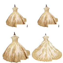 Bil DVR Girl's Dresses Girls Luxury Flower Girl Dress with Beading Crystal For Gold Glitz Ball Gowns Train Little Custom Made Drop D Dhktm