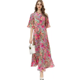 Women's Runway Dresses O Neck 3/4 Sleeves Pleated Floral Printed Elegant Fashion Prom Vestidos