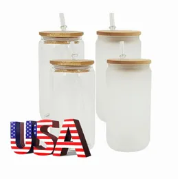 US Warehouse 16oz Sublimation Glasses Bier MUMPEN MET BAMBOE DIDDEN EN STROOM TUMBLERS DIY BLANKS CANS HEAToverdracht Cocktail Iced Coffee Cups Coffee Cups Whisky Mason Jars J0210