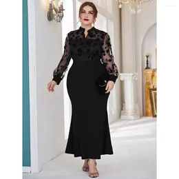 Этническая одежда Женщины, вышитые сетчатой ​​сетка Bodycon Maxi Dress African Evening Plus Plus Size Eid Ramadan мусульманин абая Дубай Турция Кафтан