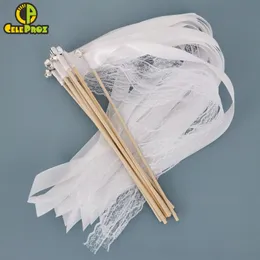 Banner Flags 50Pcs White Ribbon Wands Fairy Sticks Wedding Twirling Lace Streamers With Golden Silver Bell Party Send Off Cheering Prop Favor 230217