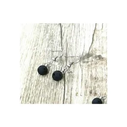 Dangle Chandelier Black Lava Stone Long Tassel Earrings Necklace Diy Aromatherapy Essential Oil Diffuser Earings Jewelry Women Dro Dhwqz