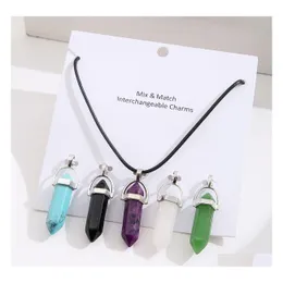 Pendant Necklaces Interchangeable Reiki Healing Jewelry Natural Stone Hexagonal Rose Quartz Crystal Pendum Chakra Necklace Set Yydhh Dh8Wx