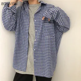 Blouses Femmes Chemises À Manches Longues À Carreaux Femmes Vintage Casual Élégant Style Coréen Tout-Match Col Rabattu Harajuku Streetwear Tendance S