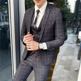 Ternos masculinos Blazers Business Plaid Suit Autumn Corean Version Slim e Bleledome Wedding Groomsmen Suitores de três peças