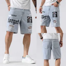 Men's Shorts Men Ripped Jeans With Pockets Light Blue Letters And Portrait Print Straight Fit Denim Shorts Fashion For Summer SXL J230218