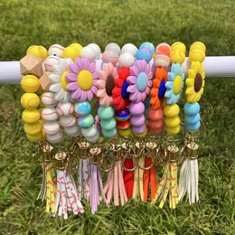 Keychains Silicone Beads Sunflower Baseball Softball Printing Wristlet Bracelet Keys Ring For Women With Leather Tassel Gift