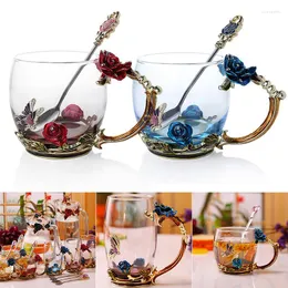 Tassen Untertassen Emaille Kaffee Teetasse Becher 3D Rose Schmetterling Glas Hochzeitsgeschenk Blume Hochwertiges Trinkgeschirr Paar RE