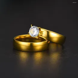 Eheringe Einfache Glatte Edelstahl Klassische Zirkon Gold Farbe Paar Für Frauen Und Männer Verlobung Schmuck