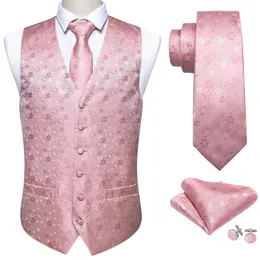 Kamizelki męskie różowy kwiatowy jedwabny kamizelka kamizelki męskie szczupły garnitur srebrny krawat chusteczka mankiety