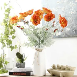 装飾的な花の花輪1PC春のための人工ビッグポピーフラワーブランチ装飾長い茎の偽の花フロアーアザンシャルエラーT230217