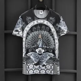 Men's T Shirts European And American Wear Summer 2023 Peacock Print With Short Sleeves Round Collar Fashion Ice Silk T-shirtMen's