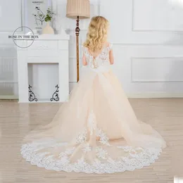 Девушка платья халат принцесс-фил шампанское цветочное платье O-образное кружевное поезде Тул для свадебного гостя первое причастие