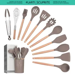 Tencere parçaları silikon pişirme aletleri set sopa olmayan mutfak eşyaları aksesuarları ahşap saplı mutfak aletleri kızartma spatula çorba kaşığı khaki 230217