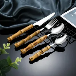 Dinnerware Sets 4/16/24 Pcs Nature Bamboo Tableware Set Gold Stainless Steel Steak Knives Forks Tea Dessert Spoons Cutlery Luxury