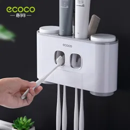 Toothbrush Holders ECOCO Wall Mount Automatic Toothpaste Squeezer Dispenser Holder Bathroom Accessories Storage Rack with 4 Cups 230217