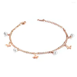 Tornozeleiras de aço inoxidável borboleta de pérolas para mulheres charme de ouro rosa colorido de verão jóias de jóias gotas de presente