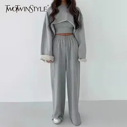 Women's Two Piece Pants TWOTWINSTYLE White Three Piece Set For Women O Neck Long Sleeve Tops Sleeveless Vest Wide Leg Pants Female Casual Sets 230217