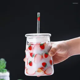 Bicchieri da vino Bicchiere da acqua in vetro Nana alto borosilicato Semplice ragazza fresca e adorabile Fragola resistente al calore con coperchio in paglia 600ML