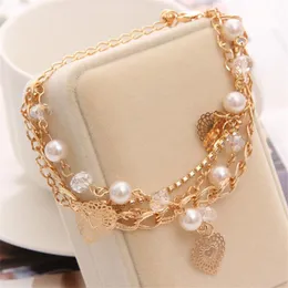 Braccialetti con ciondoli ZOSHI Bracciale con perline di perle simulate per donna Multilayers Braccialetti con catena color oro Ciondoli a cuore d'amore