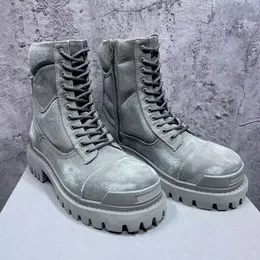 2023 Luxus echte Leder-Landebahnstiefel Balencaigaity Safty Schuhe M￤nner Leinwand Stiefel Stiefel Winter schmutzige Outdoor-Schuhe, die alten W￤schestiefel gemacht haben