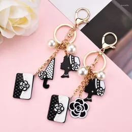 Keychains Luxury Bag Black White Woman Keychain Plush Car Camellia Bags Key Chain Llaveros Para Mujer Chains For Women