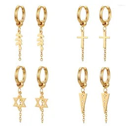 Hoop Earrings 1Pair Stainless Steel Cross Leaves Triangle Chain For Women Men Gold Color Hollow Star Tassel Jewelry