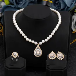 Orecchini di collana set tirim lussuoso gioielli da donna perla zirconia cubica Dubai Elegante anello di orecchini Accessori per la gioia da sposa Fashi