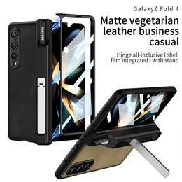 Matowa skórzana skrzynki do Samsung Galaxy Z Fold 4 Cage Pen Holder Stand Zawias Glass Film Cover