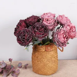 Decorative Flowers 5Pcs/lot Vintage Dried-Looking Large Peonies Purple Artificial Peony Bouquet Home Wedding Decoration Flore Arrangement