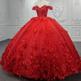 Quinceanera Kleider Rot 2023 Handgemachte Blumen Perlen Spitze Applikation aus der Schulter Maßgeschneiderte Süße 15 16 Prinzessin Pageant Ballkleid Vestidos