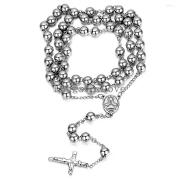 Цепи Винтажные мужские ожерелья из нержавеющей стали длинная цепь бусинки серебра серебра Розария Иисус Христос Крест Крест (с подарочным пакетом)