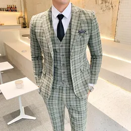 Men's Suits Double Vent Matcha Plaid Suit For Men 5XL Plus Size Men's Wedding 2023 High Quality 3 Piece Terno Masculino Slim Fit Q335