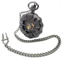 Pocket Watches Black Case Half Roman Number Dial Steampunk Vintage Hollow Analog Skeleton Hand Winding Mens Mechanical Watch Gift